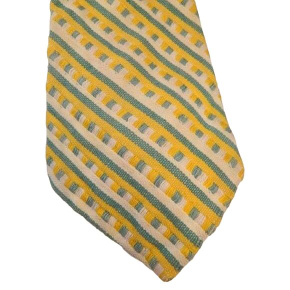 Vintage Wide Tie, Yellow Green Cream Striped Checked Woven Necktie, 1970s Tie - Picture 3 of 5